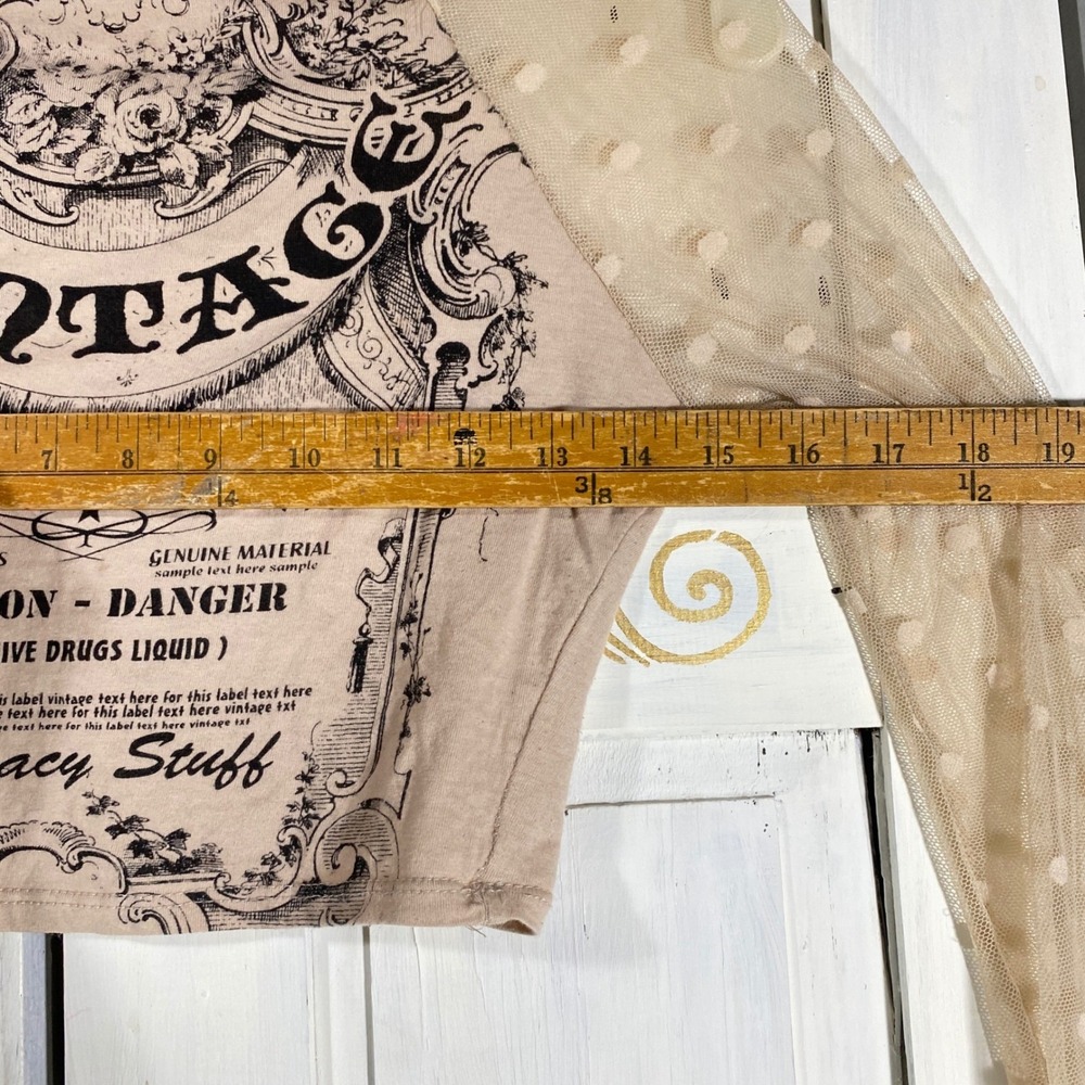 Pink‎ Pastel Goth Vintage Caution Label Crop Tee w/Mesh Bell Sleeves Size Small - Picture 4 of 10